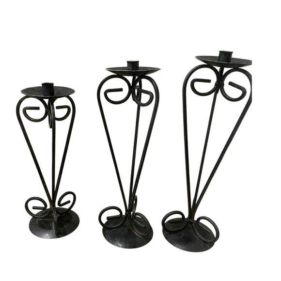 VINTAGE FRENCH COUNTRY PILAR CANDLE STICK DECOR SET OF 3 IRON BOHO GRUNGE - Picture 5 of 12